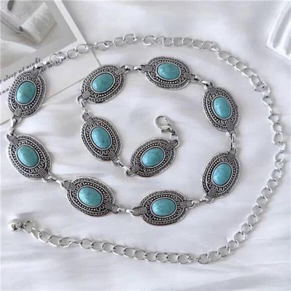 Women Turquoise Concho Chain Belt Western Cowgirl Waist Chain Oval Metal Link main image 6
